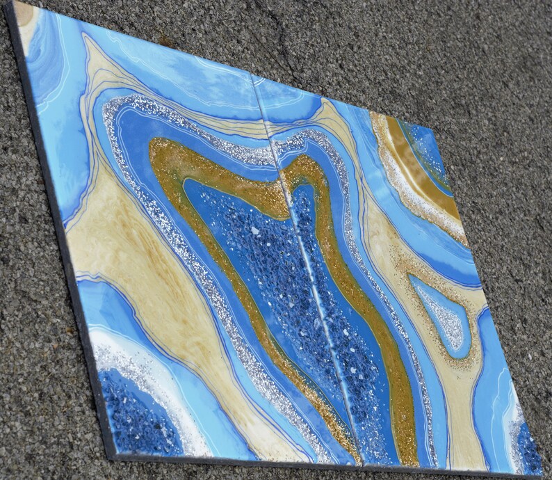 Resin geode wallart canvas painting blue and gold theme Etsy