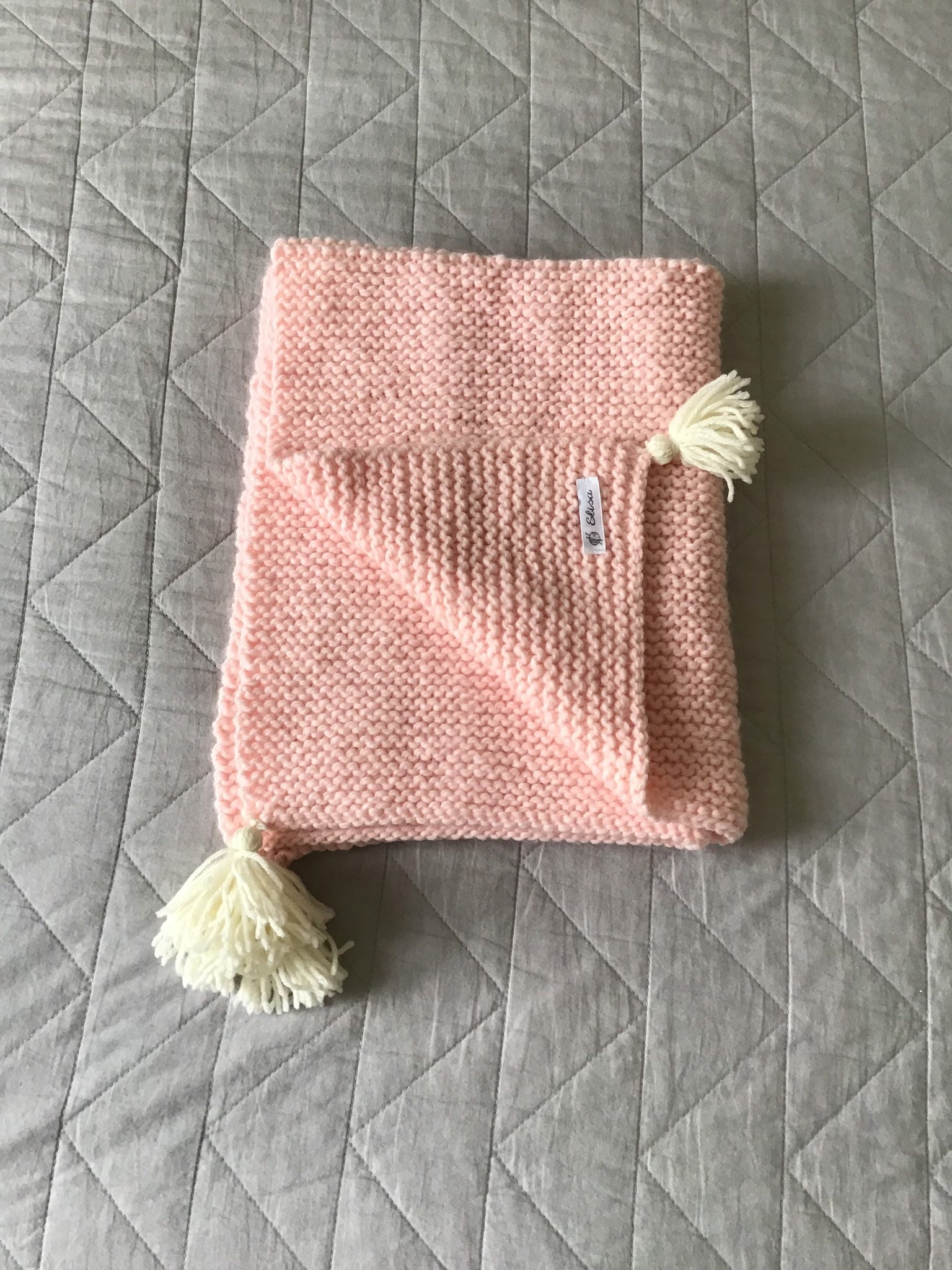 Couverture Bébé Tricot Rose Fait Main Pompons Écru Landau Poussette Cadeau Naissance