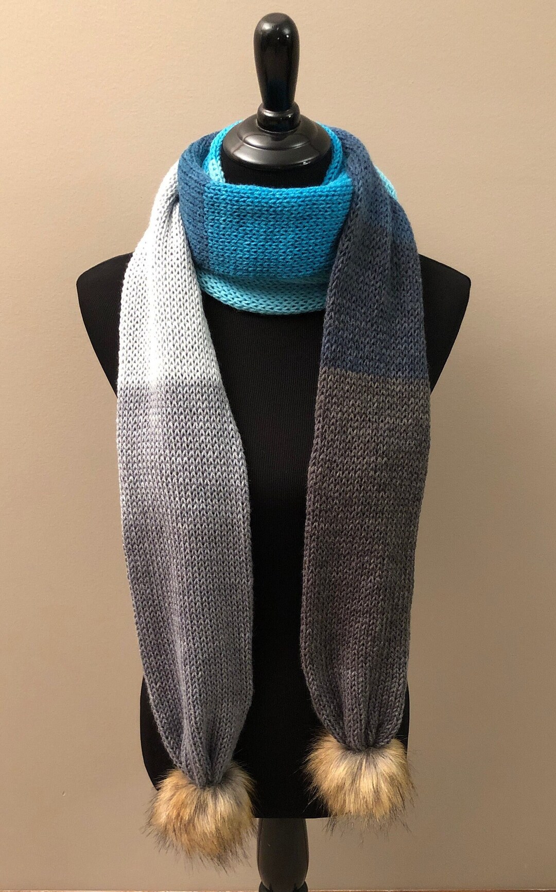 Handmade Blue Knit Infinity Scarf With Faux Fur Poms - Etsy