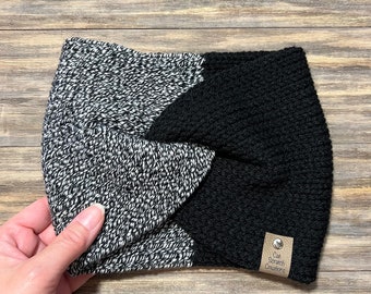 Knit headband, knit ear warmer, handmade headband, twist headband, knitted ear warmer, knitted headband, ear covering, black, white, adult