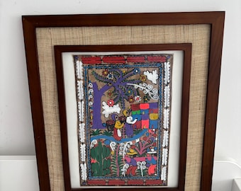 Quadro messicano in corteccia di amate di medie dimensioni con cornice in legno, arte popolare e decorazione murale.