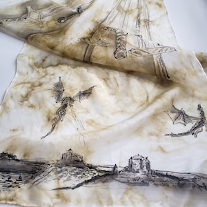 1-105 &quot; The Throne of Dragons&quot; Dragon&#39;s Scarf, Hand Painted Silk Scarf, black, gold, yellow and green.