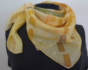 2-107 "Hello Gustav Klimt"  Silk Square Scarf, Hand Painted Silk Scarf, yellow, orange, green and white.