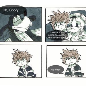 May include: A black and white comic strip with four panels. The first panel shows a cartoon dog with a sad expression. The second panel shows two cartoon characters, one with brown hair and the other with a duck bill, both with sad expressions. The third panel shows a cartoon character with brown hair and a sad expression. The fourth panel shows the same cartoon character with a confused expression. The text in the comic strip reads "Oh, Goofy...", "How are we going to explain this to his son?", and "his what".