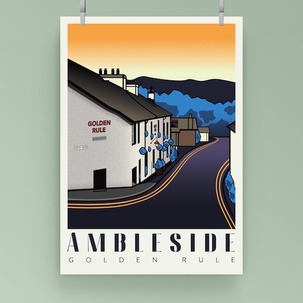 Ambleside Lake District Art Print Golden Rule A4/A3 Sizes Poster Of English Pub
