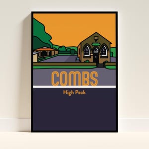 Combs High Peak Derbyshire A3/A4 formaten geïllustreerde kunstafdruk van Pretty Village on Edge of Peak District