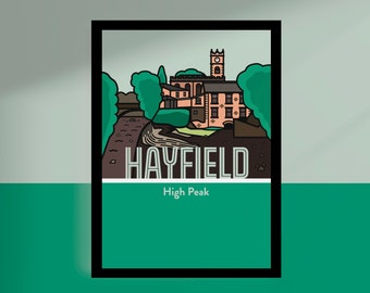 Hayfield High Peak Derbyshire A3/A4 Sizes Illustrated Art Print of Village on Edge of Peak District