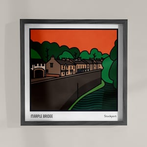 Impresión artística ilustrada de 10" cuadrada de Marple Bridge Stockport con vista sobre el río Goyt