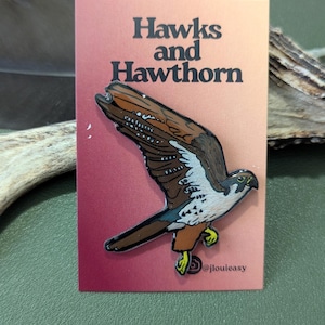 Może przedstawiać: Przypinka przedstawiająca szczegółową ilustrację lecącego jastrzębia, w kolorach brązowym, białym i niebieskim. Przypinka jest umieszczona na różowym tle z napisem "Hawks and Hawthorn". Przypinka leży na zielonej powierzchni.
