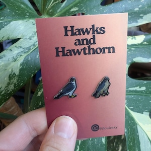 May include: Two hawk-shaped enamel pins on a red card with the text "Hawks and Hawthorn". The pins are black, grey, and yellow. The background features green and white patterned leaves.