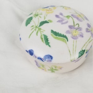 Trinket Jewelry Box, Ceramic, Purple Pansies, Hand Painted