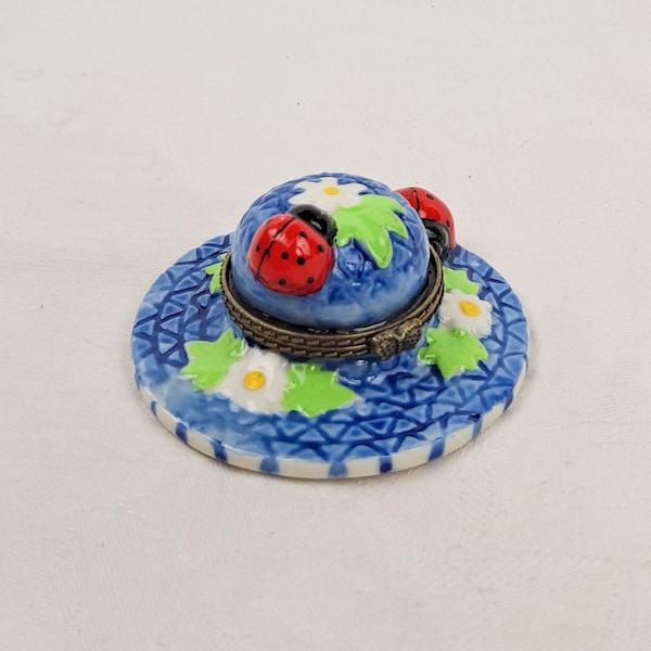 Blue Straw Hat Trinket Box with Ladybugs