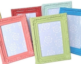 3 1/2 x 5 inch photo frames, PLASTIC, fun bright multicolored, baroque style