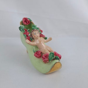 Vintage Victorian Porcelain Shoe or Boot with Cherub and Red Roses Gold Toe and Heel