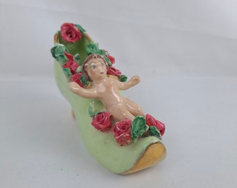 Vintage Victorian Porcelain Shoe or Boot with Cherub and Red Roses Gold Toe and Heel