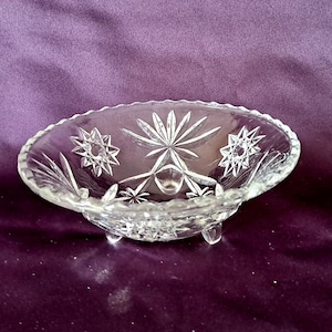 Anchor Hocking Prescut Crystal Footed Bowl, Early American Prescut Star of David Design