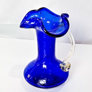 Cobalt Blue Glass Vase with Ruffled Edge and Clear Glass Handle, Small vase, Excellent condition