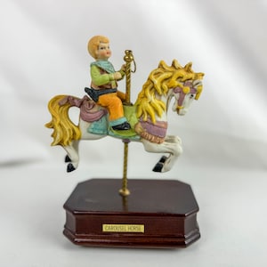 Vintage Carousel Horse Porcelain and Wood Music Box plays &quot;It&#39;s a Small World&quot;