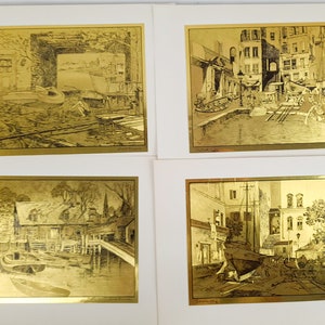 Gold Fine Etchings Art Treasures von Lionel Barrymore 4er Set Harbour Sailing Metal Art Etchings