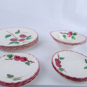 Southern Pottery Blue Ridge Hand Painted Crab Apple Design Plates and Bowls, Made in USA Circa 1940 to 1950