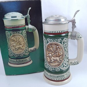 1978 Avon Collectibles Sporting Stein Decanter Featuring Hunting and Fishing, Pewter Lidded Beer Stein