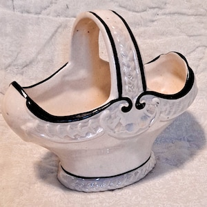 Vintage Czechoslovakian Basket,  White Lusterware with Black Trim, Czech pottery
