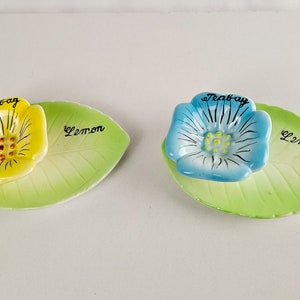 Vintage Ceramic Lemon and Tea Bag Holder shaped as a Flower sitting on a Leaf