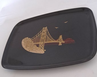Vintage Couroc Mid Century Modern Bar Tray of the Golden Gate Bridge Black Gold