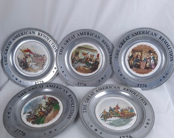 Vintage Bicentennial American Revolution Pewter and Porcelain Collector Plate