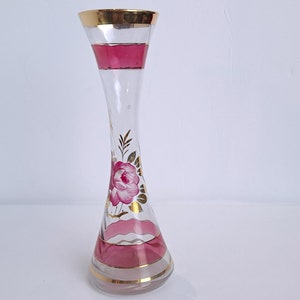 Czech Bohemian Handblown Art Glass Vase, Hand painted pink roses and stripes, 22kt gold accents, 8&quot; tall