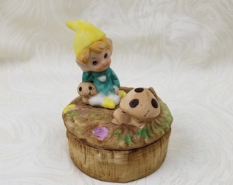 Pixie Elf porcelain trinket jewelry box by Homco.