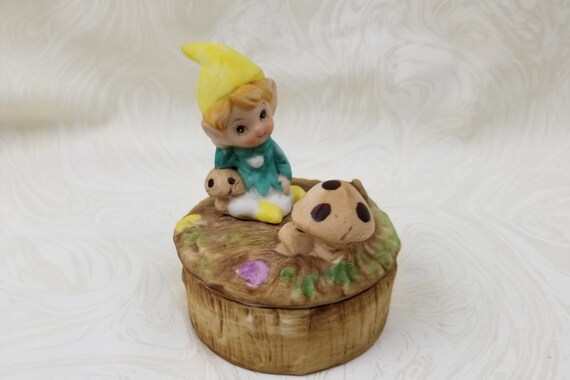 Pixie Elf porcelain trinket jewelry box by Homco.