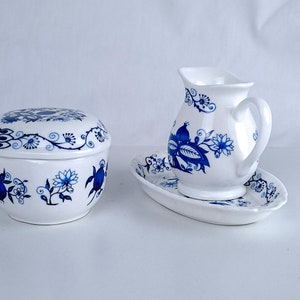 Vintage Blue Onion Vienna Woods Sugar and Creamer on Tray, Bone china, Sugar bowl with lid, Creamer with tiny oval tray, 4 piece set