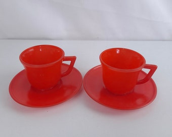 Orangefarbenes Glas-Set mit 2 Demitasse-Tassen und Untertassen von Hazel Atlas Glass