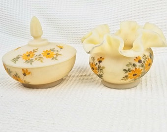 Fenton Glass Dresser Set, Custard Glass, Covered Dish and Fluted Bowl