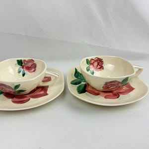Set of 2 Vintage Red Wing Pottery Cups and Saucers Lexington Rose Pattern