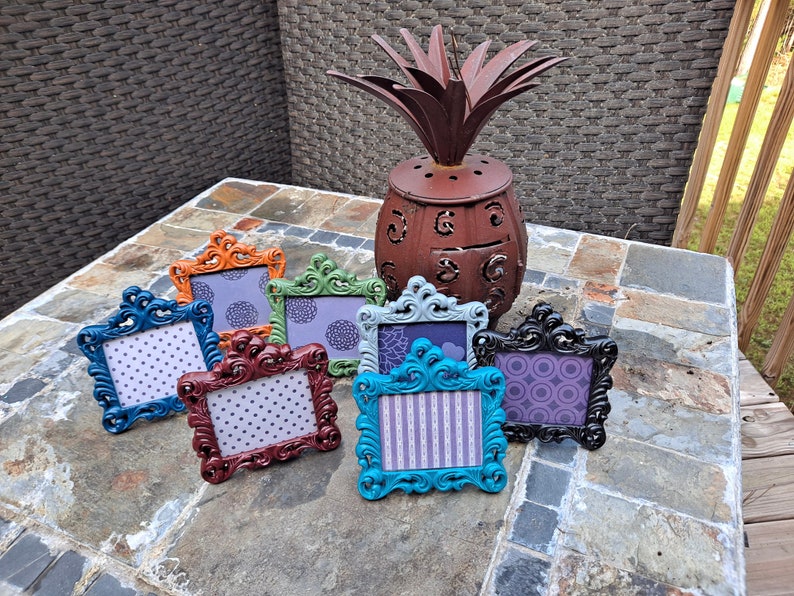 Mini Picture Frames, 2.5x2 Photo, FALL Colors, SCROLL Design, Tiny Baroque Frames, Fun Bright Colors, Navy, Maroon, Gray, Green, Rust, Teal Black