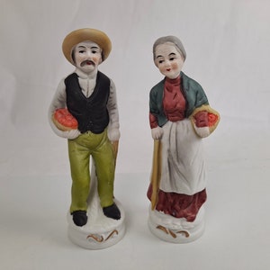 Old Farmer Couple Porcelain Bisque Figurines 7 inches tall