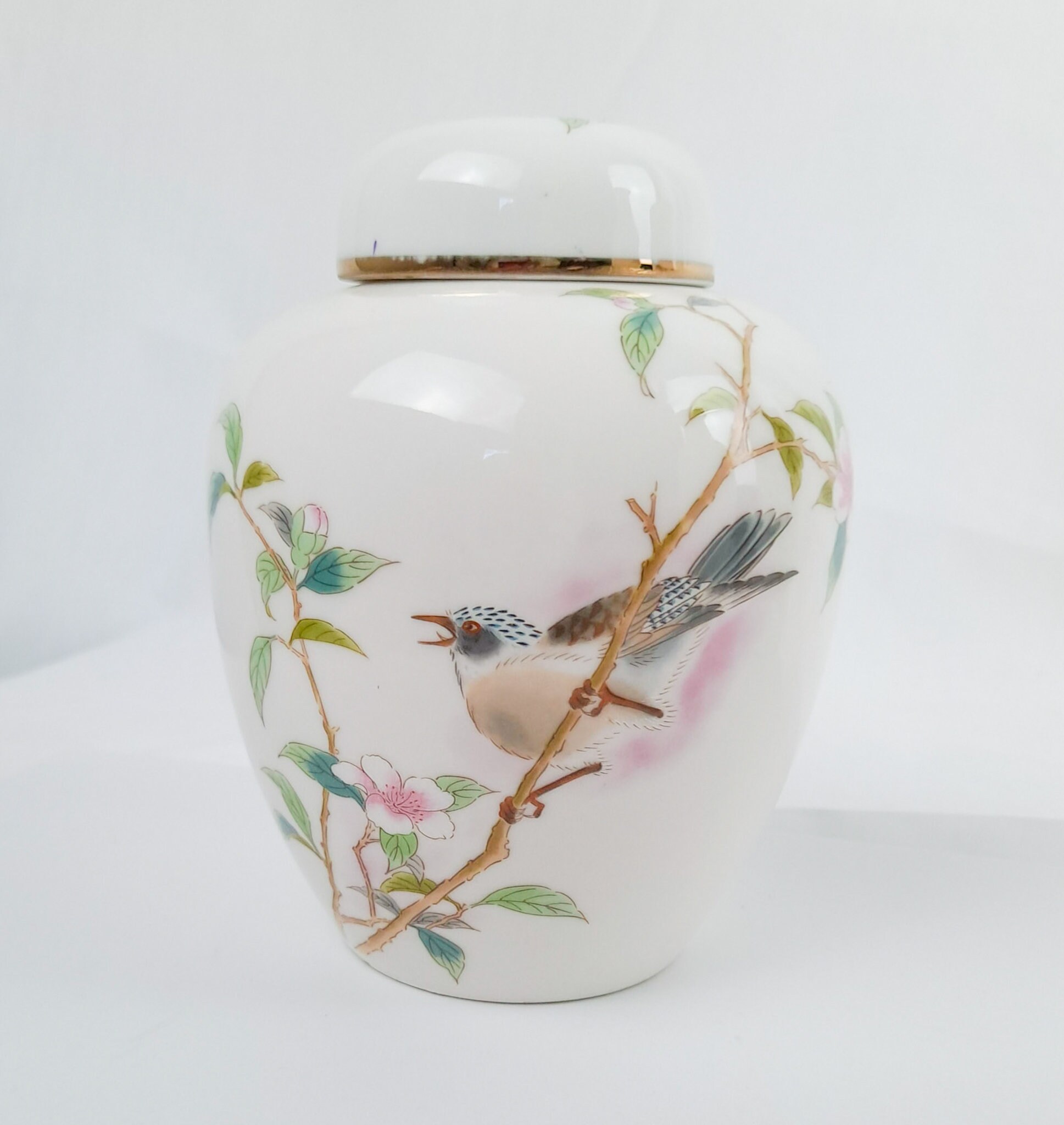 VINTAGE Signed Porcelain Japanese Vase / Off White / Bird with Red