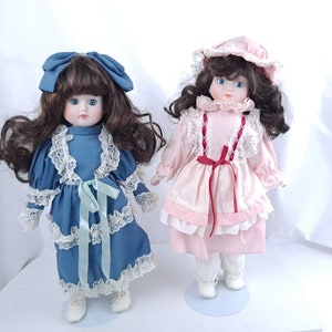 Vintage Porcelain Doll with Stand, Brunette doll with hand sewn clothes
