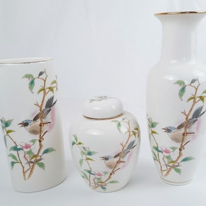 Vintage Yamaji Japan Porcelain Vase or Ginger Jar of Bird and Cherry Blossoms
