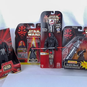 Vintage Star Wars Episode 1 Darth Maul Action Figures including Spin Pop, Lightsaber Handle, CommTech Darth Maul