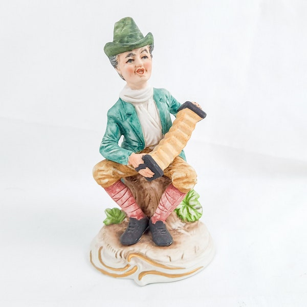 Accordion Concertina Man Figurine, Hand Painted Porcelain Vintage Japan