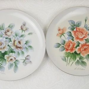 Pair of Hand Painted Porcelain Plates, Set of 2 by Artist A. Tubois, 10&quot; Floral Wall plates, gold gilt edge, Excellent condition