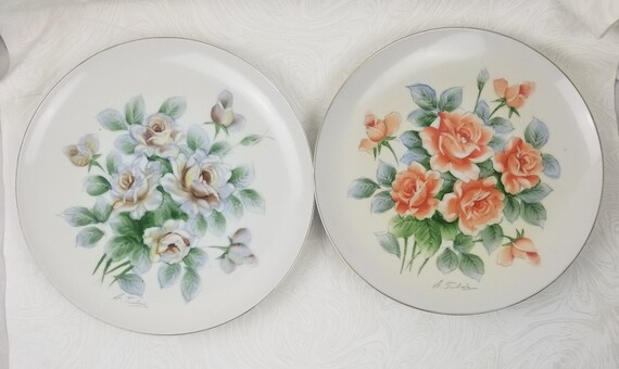 Par de platos de porcelana pintados a mano juego de 2 del artista A. Tubois platos de pared florales de 10 borde dorado dorado excelente estado Etsy Espana