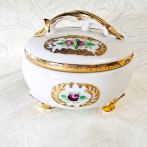 Trinket Jewelry Box, Vintage Porcelain, Footed Round Dish with Gold Handle, Excellent condition