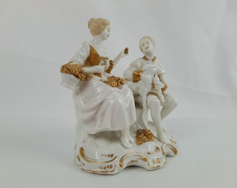 Vintage Victorian Lady Porcelain Figurine by KPM Japan in White, Cobalt Blue and Metallic Gold accents