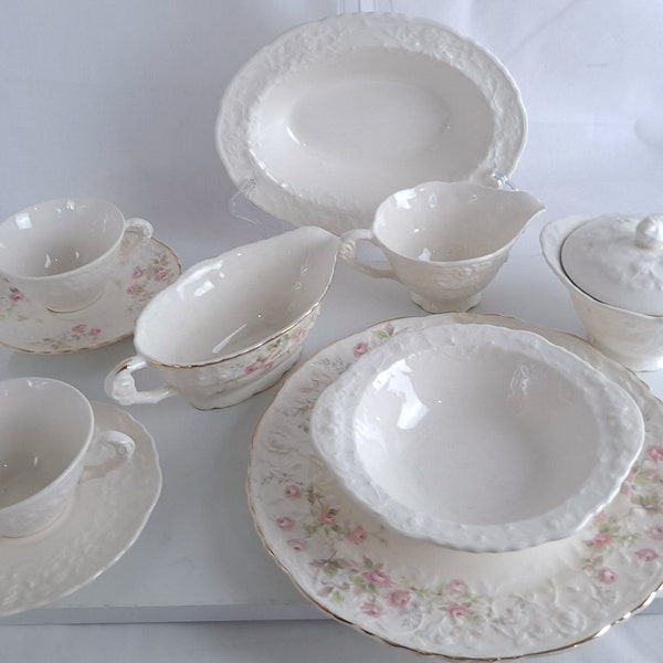 Vintage Antique Pope Gosser China of Ohio Rose Point 42 Pattern Dinnerware, Plates, Bowls, Cups and Saucers