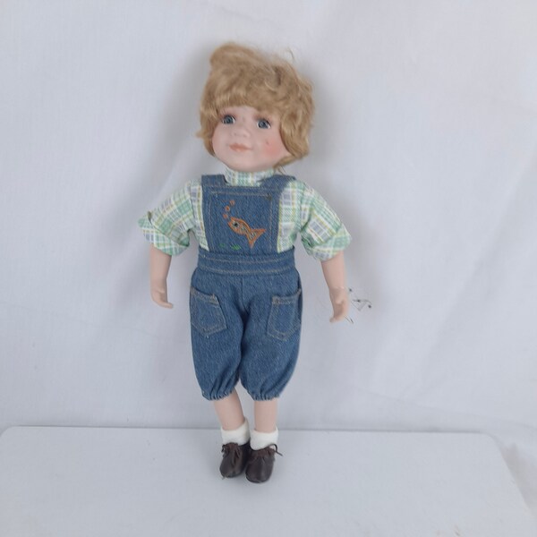 Vintage Porcelain Boy Doll Blonde Blue-Eyed Went Fishing