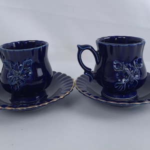 Pair of Demitasse Tea Cups and Saucers, Cobalt Blue with Raised Flower Design